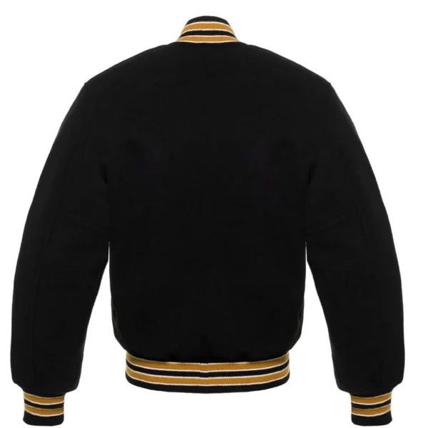 Black wool letterman varsity jacket gold rib back