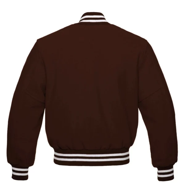 Dark brown wool letterman varsity jacket white rib back