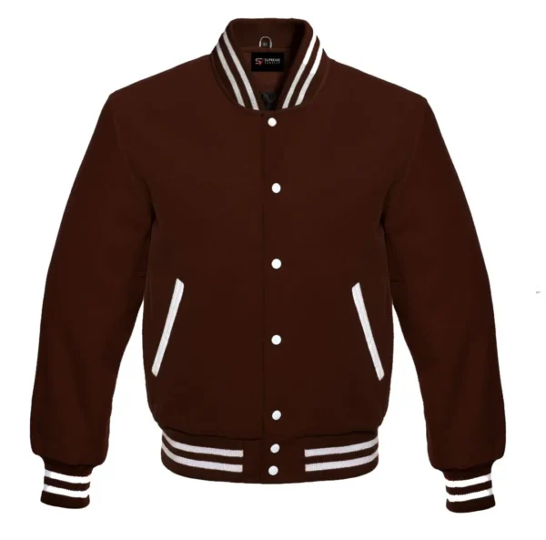 Dark brown wool letterman varsity jacket white rib