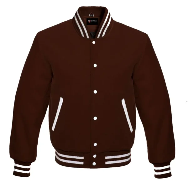 Dark brown wool letterman varsity jacket white rib