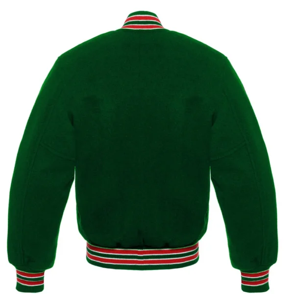 Dark green wool letterman varsity jacket red white rib back