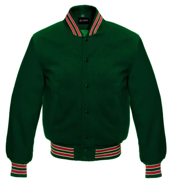 Dark green wool letterman varsity jacket red white rib