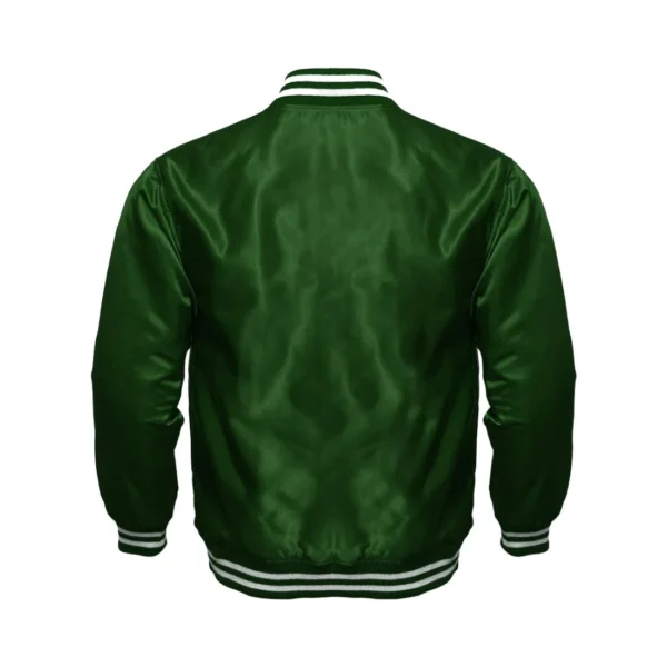 Forest green satin bomber varsity jacket back