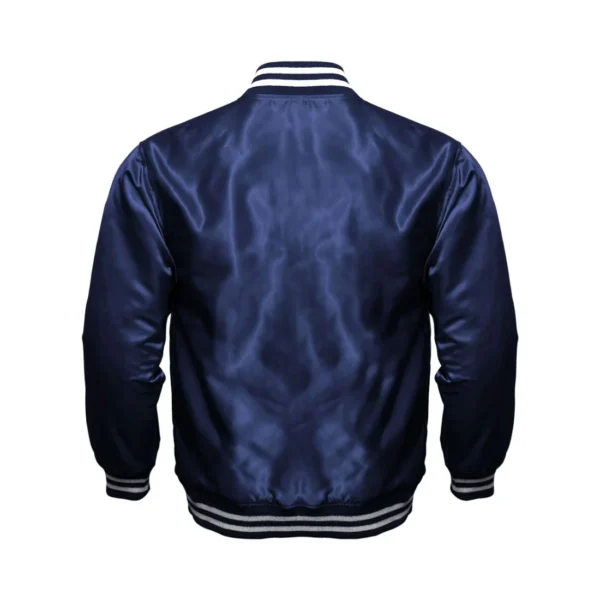 Navy blue satin bomber varsity jacket back