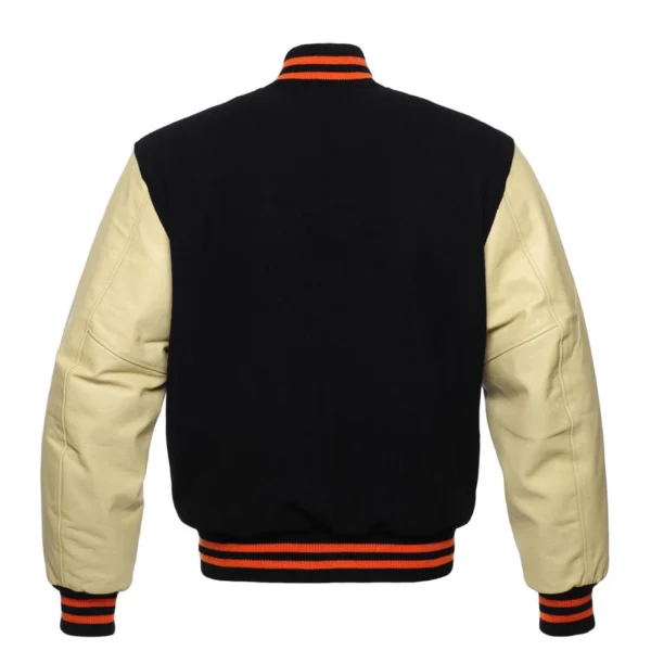 black and cream orange leather sleeve letterman varsity jacket back