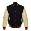 black and cream orange leather sleeve letterman varsity jacket