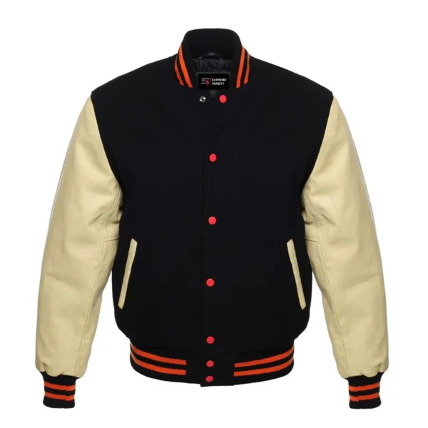 black and cream orange leather sleeve letterman varsity jacket