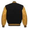 black and gold leather sleeve letterman varsity jacket back