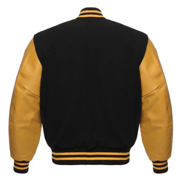 black and gold leather sleeve letterman varsity jacket back