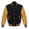 black and gold leather sleeve letterman varsity jacket