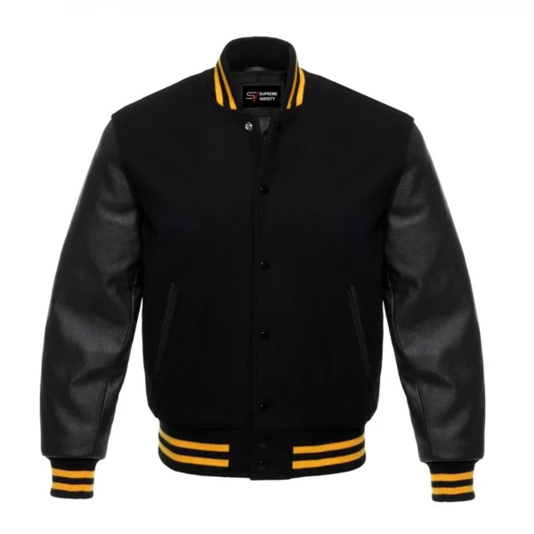 black and gold rib leather sleeve letterman varsity jacket