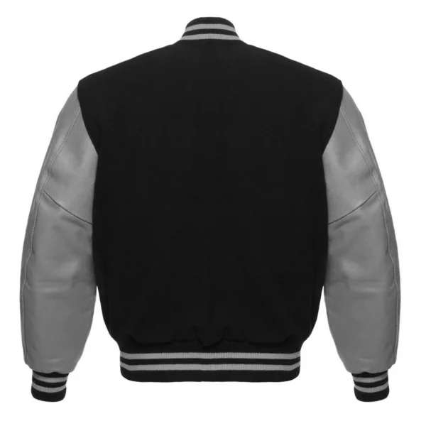 black and grey leather sleeve letterman varsity jacket back