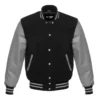 black and grey leather sleeve letterman varsity jacket