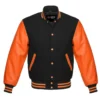 black and orange leather sleeve letterman varsity jacket