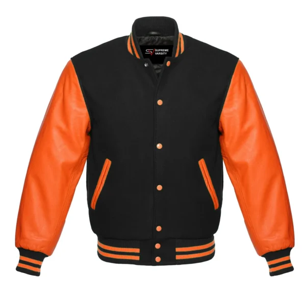 black and orange leather sleeve letterman varsity jacket