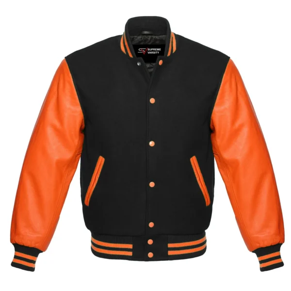 black and orange leather sleeve letterman varsity jacket