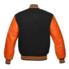 black and orange leather sleeve letterman varsity jacket back