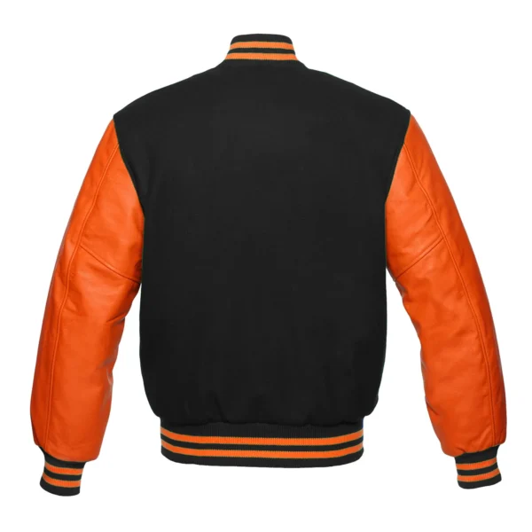 black and orange leather sleeve letterman varsity jacket back