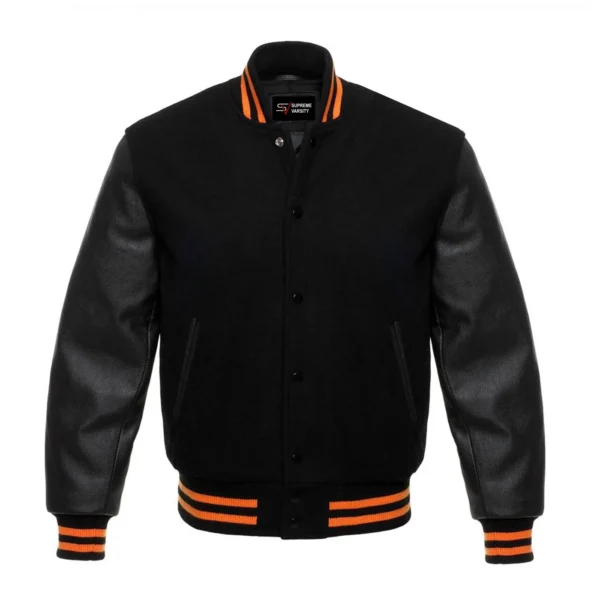 black letterman leather sleeve varsity jacket orange stripes