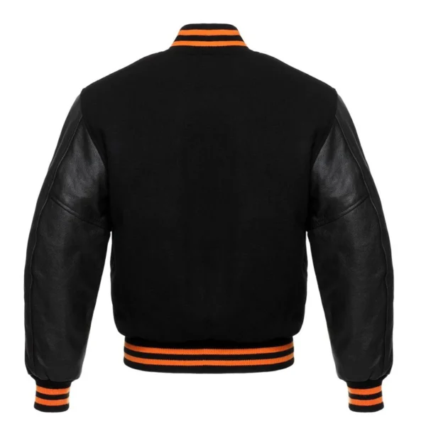 black letterman leather sleeve varsity jacket orange stripes back