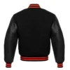 black letterman leather sleeve varsity jacket red stripes back