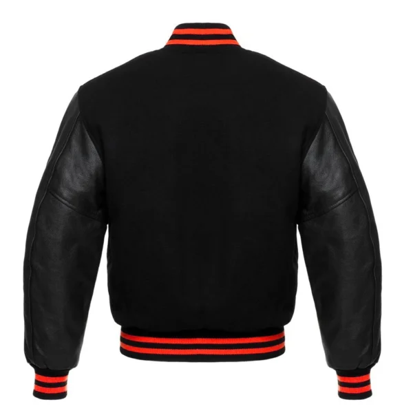 black letterman leather sleeve varsity jacket red stripes back