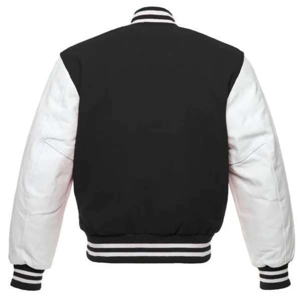 black and white leather sleeve letterman varsity jacket back