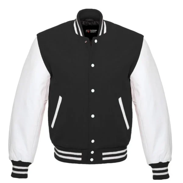 black and white leather sleeve letterman varsity jacket