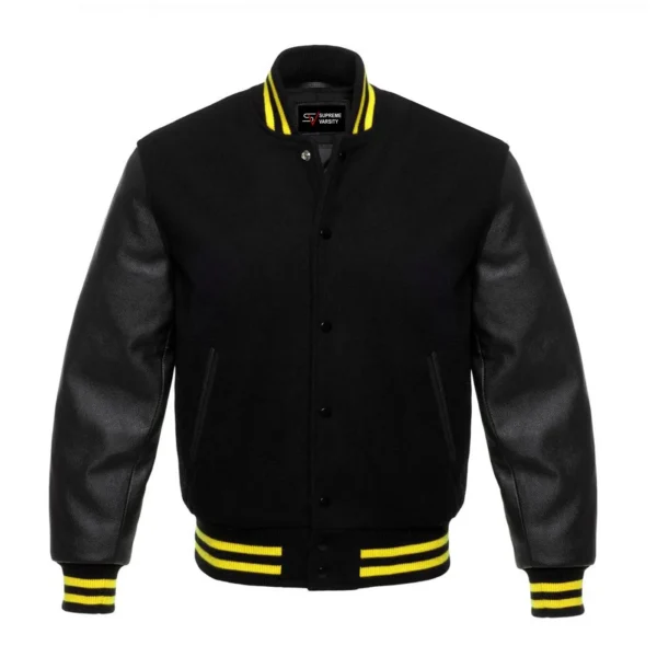 black letterman leather sleeve varsity jacket yellow stripes