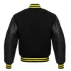 black letterman leather sleeve varsity jacket yellow stripes back