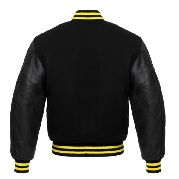 black letterman leather sleeve varsity jacket yellow stripes back