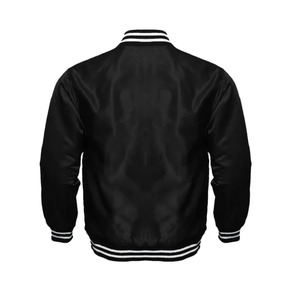 black satin white rib Bomber varsity jacket back