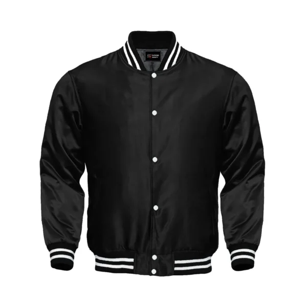 black satin bomber varsity jacket white rib