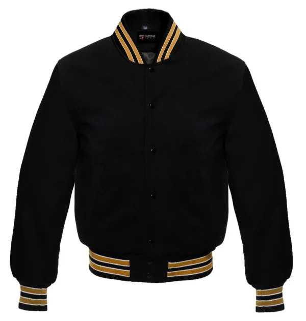 Black wool letterman varsity jacket gold rib