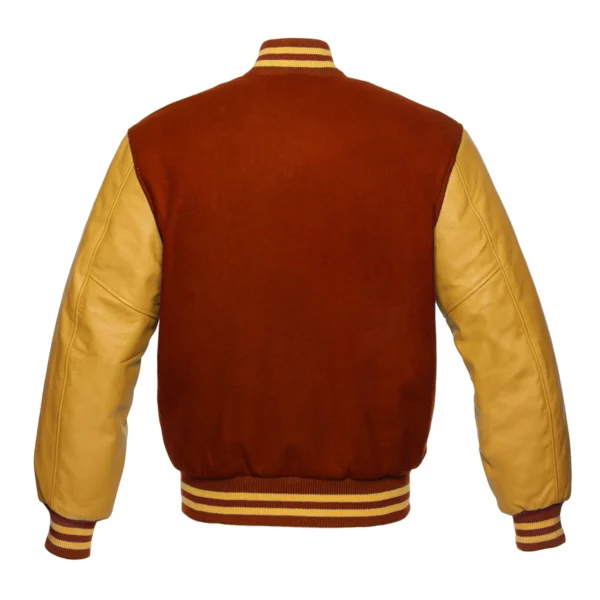 brown and gold leather sleeve letterman varsity jacket back