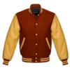 brown and gold leather sleeve letterman varsity jacket