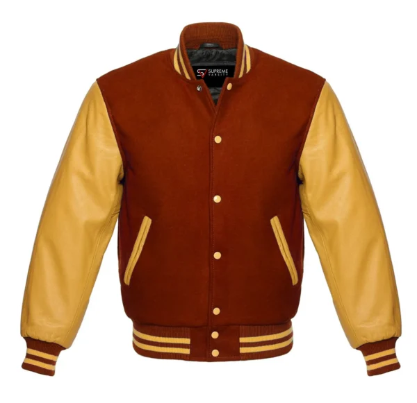 brown and gold leather sleeve letterman varsity jacket