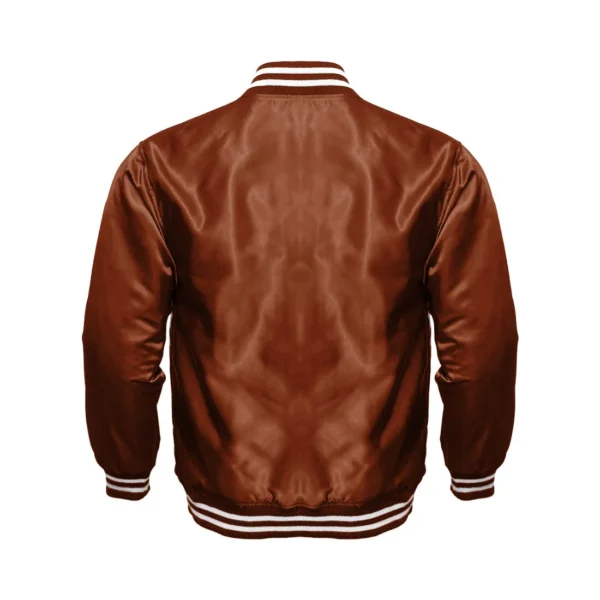 brown satin bomber varsity jacket back