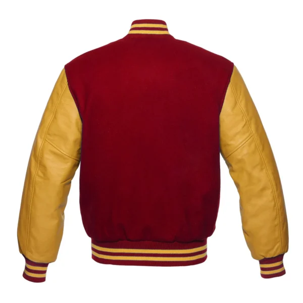 cardinal and gold leather sleeve letterman varsity jacket back