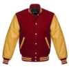 cardinal and gold leather sleeve letterman varsity jacket