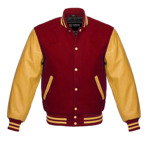 cardinal and gold leather sleeve letterman varsity jacket