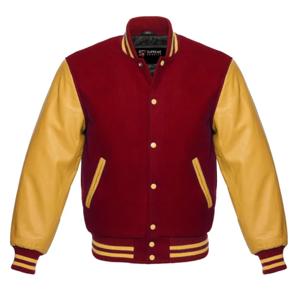 cardinal and gold leather sleeve letterman varsity jacket