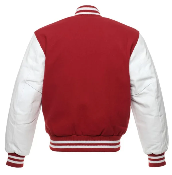 cardinal and white leather sleeve letterman varsity jacket back