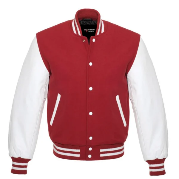 cardinal and white leather sleeve letterman varsity jacket