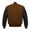 dark brown and black leather sleeve letterman varsity jacket back