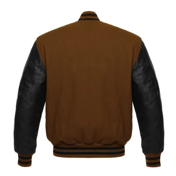 dark brown and black leather sleeve letterman varsity jacket back