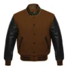 dark brown and black leather sleeve letterman varsity jacket