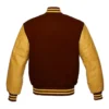 dark brown and gold leather sleeve letterman varsity jacket back