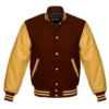 dark brown and gold leather sleeve letterman varsity jacket