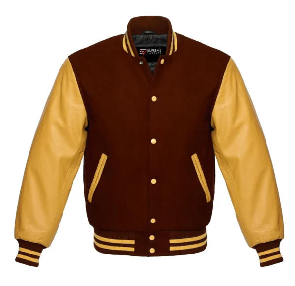 dark brown and gold leather sleeve letterman varsity jacket